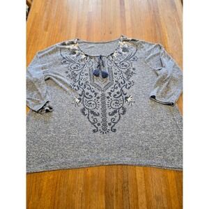 Women LG Heathered Blue Floral Geometric Split Neckline Tie-up Tassel BOHO Tunic